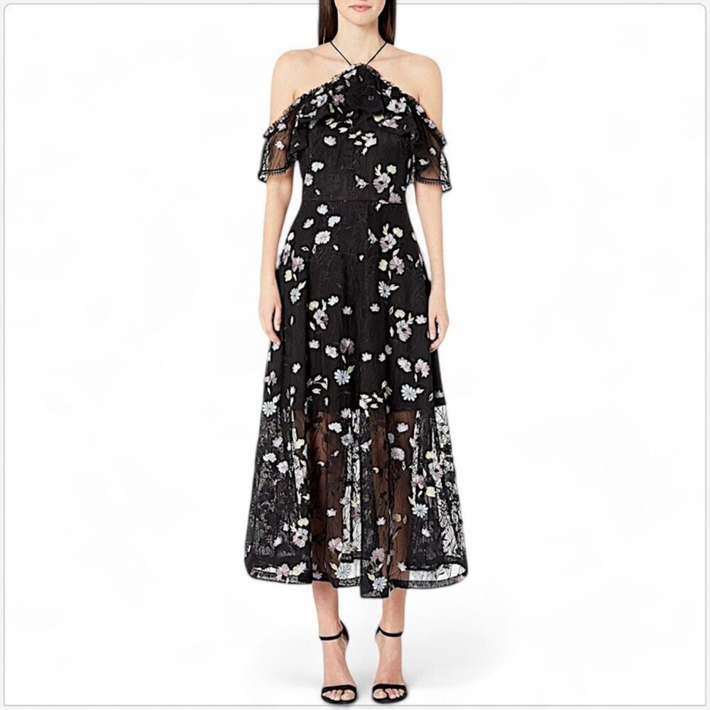 Monique Lhuillier Black Lace Embroidered Mesh Cold Shoulder Midi Dress Sz 14